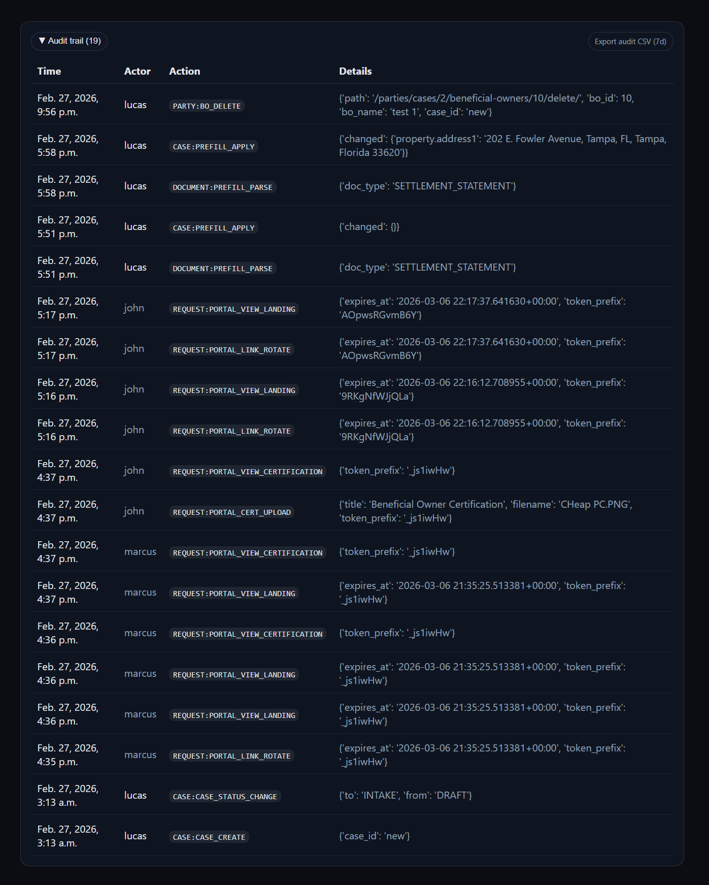 RRE workspace audit trail screenshot